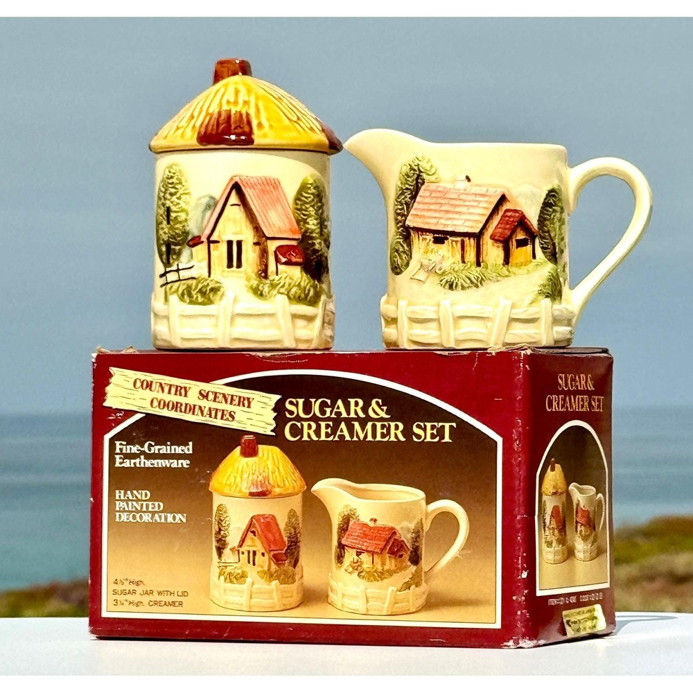 Country Scenery Sugar Creamer Set Marutake Earthenware Japan Vintage Cottagecore